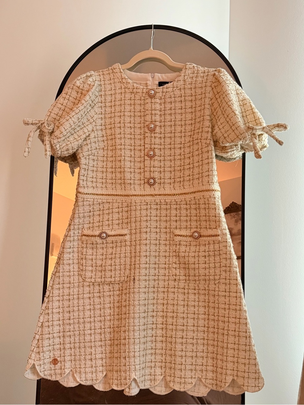 NWT Simply Southern Scalloped Cream Tweed Dress with Pearl Buttons & Bow sleeves